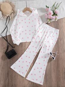 Girls' Casual Fashion Ribbed Bow Print Hooded Jacket And Flared Pants 2 Pieces Set, Spring/Autumn - White - View 2