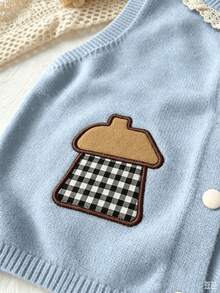 WUHUANG YIYI Baby Girls Sweet Cute Style Round Neck Lace Trim Solid Color Handmade Cartoon Cat Design Sweater Vest Cardigan Loose Fit Suitable For Daily Outing Autumn - Baby Blue - View 4