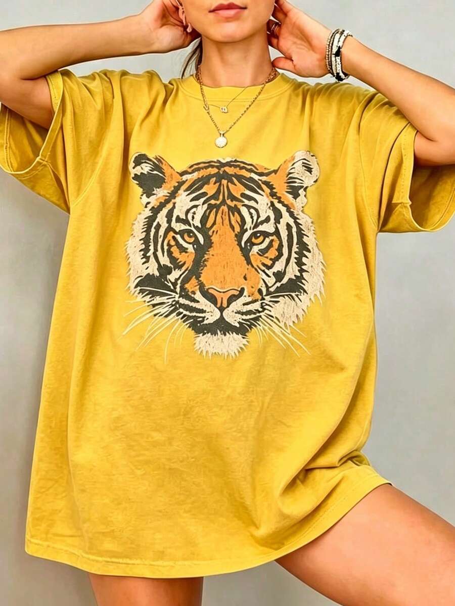 Vintage Tiger Tee - Retro Animal T-Shirt, 90s Animal Gift For Tiger Lover, Wild Cat Shirt, JungleTiger Graphic Tee220G Heavyweight1830% CottonT-Shirt - 黃色2 - 查看 1