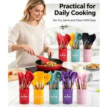 Wooden Handle Silicone Kitchen Utensils, Cooking Whisk Tool, Heat-Resistant Food Stirrer Accessory, Kitchen Tool; Whisk - Multicolor - View 3