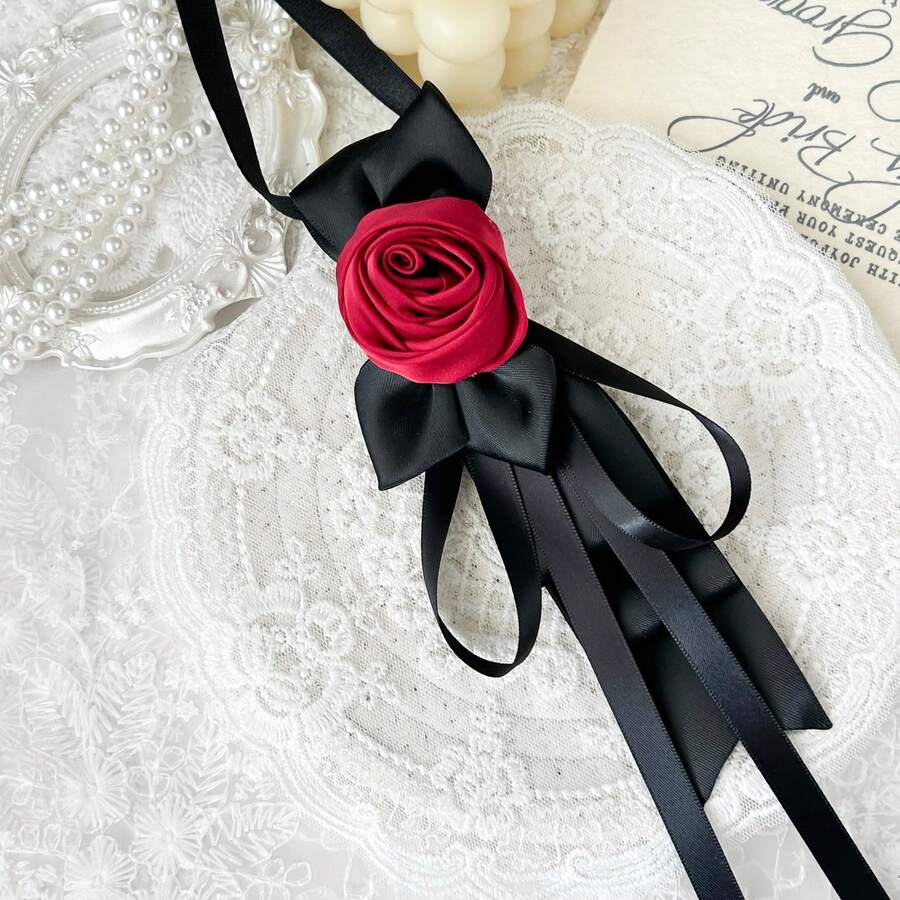 Women's Elegant Exquisite Black & Red Rose Collar Bow, Solid Color Silk Bowknot Strap, Suitable For Daily Commute, Party, Graduation Ceremony, Any Occasion, Perfect Gift For Best Friend, Holiday, Travel, Disco - Black - View 1