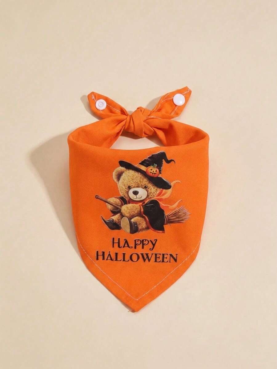 Soft Comfortable Polyester Pet Scarf, Autumn Decoration, Halloween Witch Bear Print, Dog Supplies, Suitable For Dogs And Cats To Wear Indoors Or Outdoors - Orange - View 1