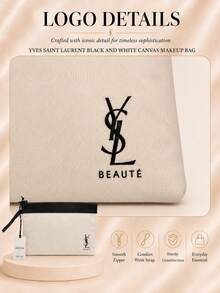 YSL Black And White Canvas Makeup Bag, 23*14.5cm, Sold Individually, Minimalist Contrast Design, Zipper Closure, Portable, Suitable For Daily Storage And Travel - Black and White - View 8