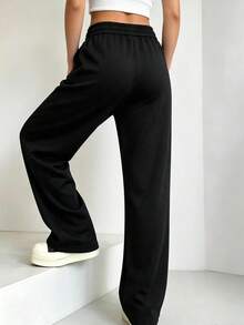 Women's Black Knitted Straight Leg Drawstring Sweatpants, Casual Y2K Style Long Lounge Pants, Suitable For Outdoor Wear - Black - View 2
