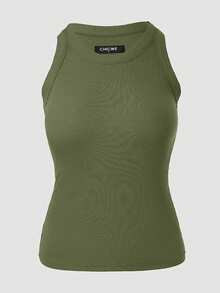 ChicMe Top básico de punto acanalado sin mangas con sujetador incorporado y cuello redondo - Verde militar - Ver 6