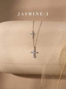 1pc S925 Sterling Silver Full Rhinestone Double Cross Necklace, Pure Silver Plated 14K Gold Women's Jewelry Layered Necklace, Full Rhinestone Cross Necklace, Double Cross Necklace, Unique Design, Simple And Versatile, Suitable For Women's Daily/Party Wear - Multicolor - View 6