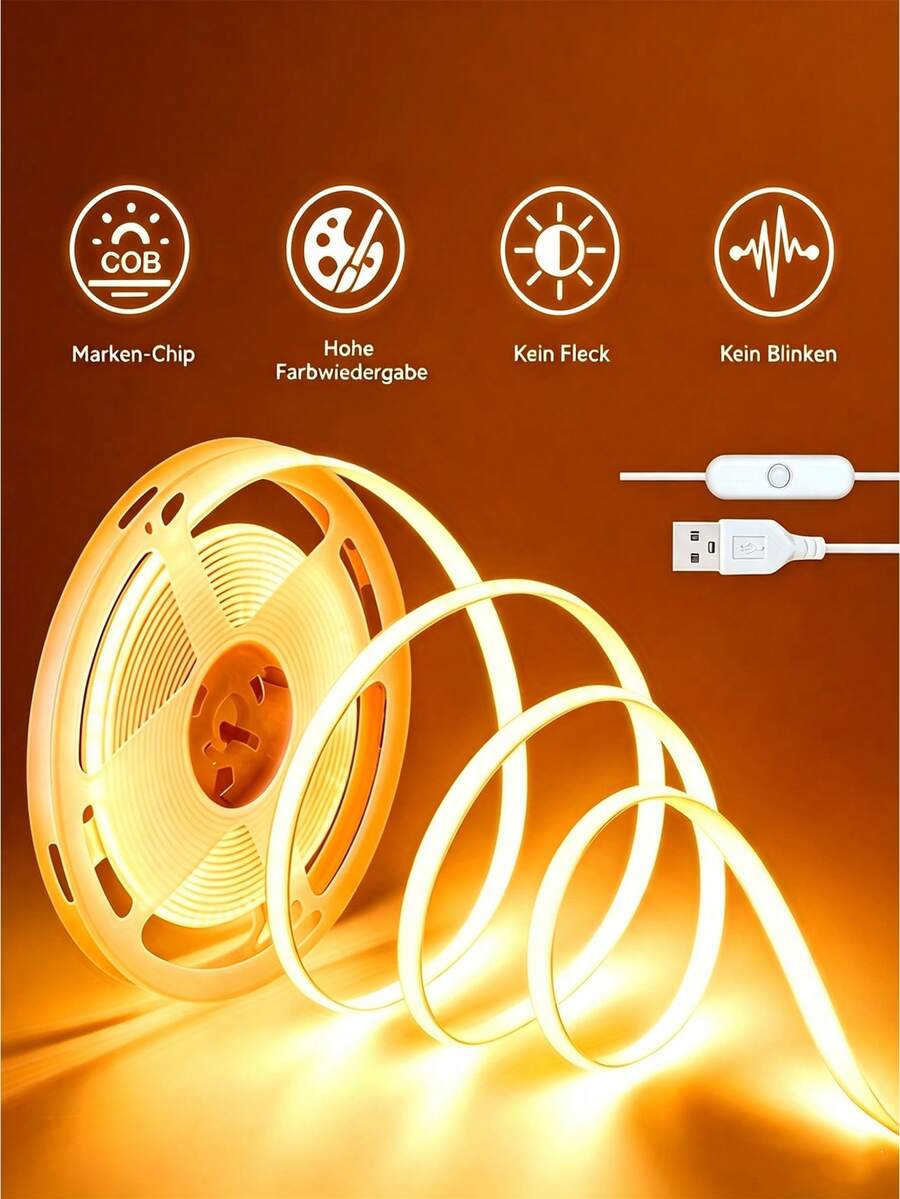 USB COB LED Light Strip With Switch, 5V Flexible Flicker-Free Uniform Light Strip, Self-Adhesive TV Backlight Ambient Light, Suitable For Bedroom Cabinet Home DIY Decoration