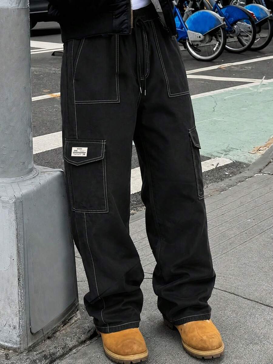 Spring/Autumn Men's Multi-Pocket Cargo Straight Leg Pants, Solid Color Loose Fit, Versatile For Fitness, Commuting And Sports Black - Black - View 1