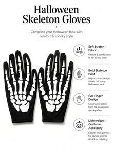 1 Pair Glow-In-The-Dark Halloween Skeleton Bone Print Gloves, Unisex Full Finger Costume Gloves, Party Cosplay Role Play Holiday Accessory - Halloween Style a - View 8
