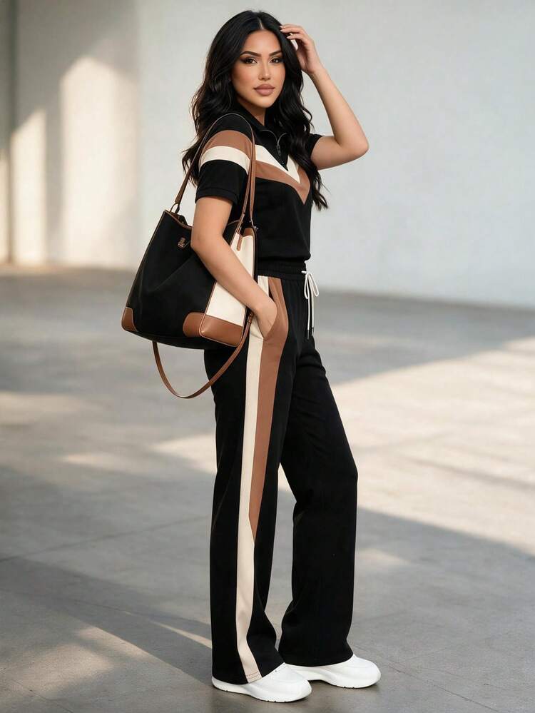 Women's Spring/Autumn Fashion Casual Home-Style 2 Pieces Set Top, Airport Outfits Elegant Black - Black - View 3