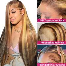 13x6 34Inch Ombre Highlight Straight Lace Front Wig 200% Density #4/27 Piano Color Honey Blonde Brown Wig Blended Hair Wig 13X4 Transparent Lace Frontal Wig For Women Pre Cut Lace Wear And GO Glueless Wig Pre Plucked Balayage 5x5 4x4 Lace Closure Wig - SP4/27 - View 6