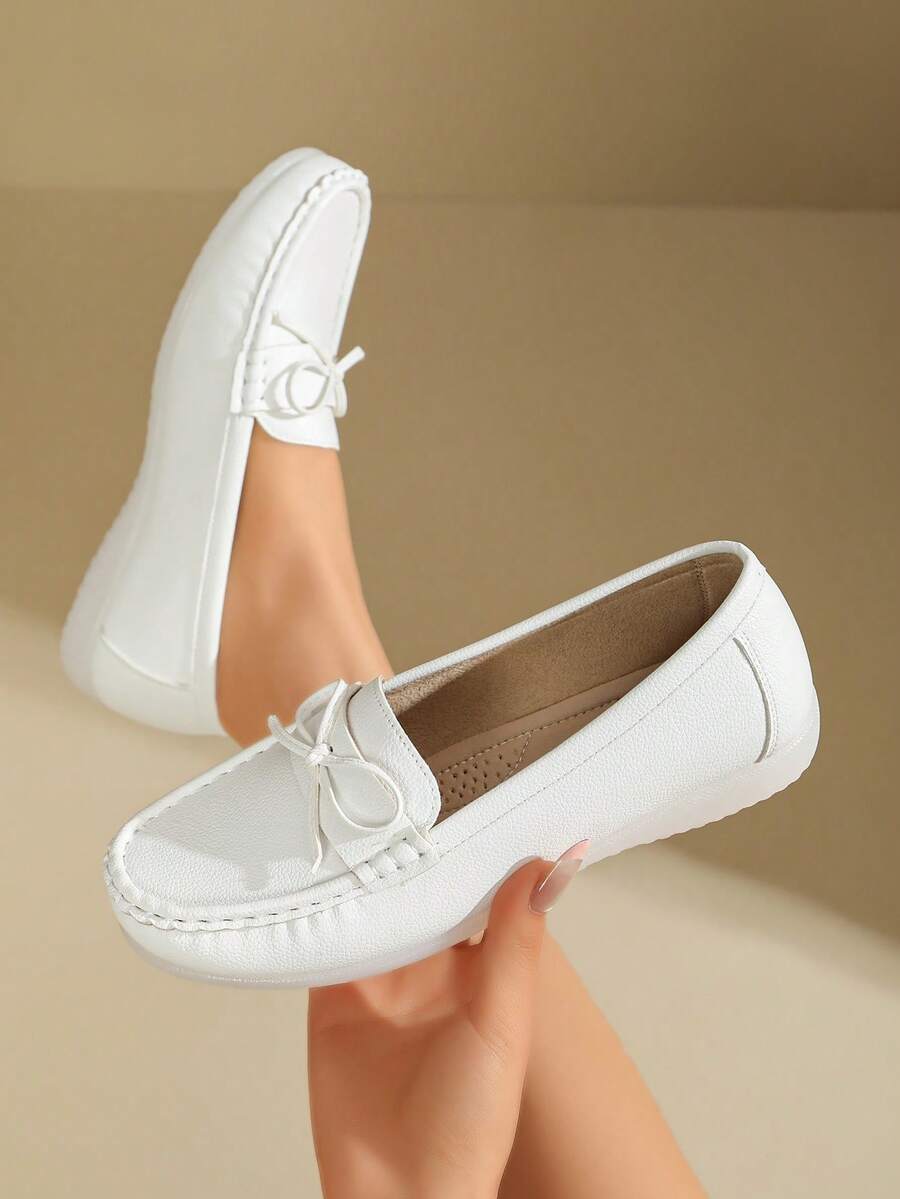White Litchi Grain Bow Loafer Moccasins, Slip On Soft Sole Flat Shoes, Non-Slip Comfort Women Flats For Daily Commute - White - View 1