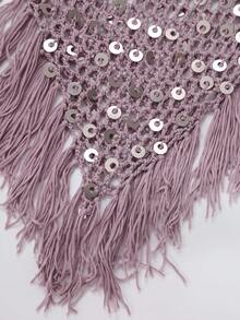 Summer Beach Cover-Up, Casual Holiday Solid Color Sequin Loose Hollow Shoulder Tassel Top, Suitable For Beach Party, Music Festival - Mauve Purple - View 10