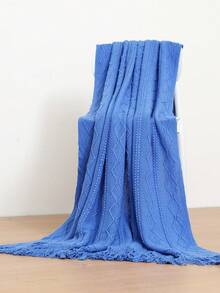 1pc Wavy Pattern Acrylic Knit Blanket, Nordic Style Rectangular Tassel Solid Color Sofa Throw Bed Decor Nap Blanket - Vertical Diamond Blue - View 4