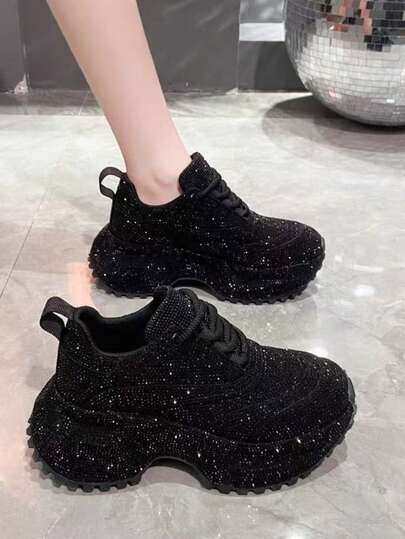 Thick Sole Rhinestone Chunky Sneakers Women's Shoes Ins Super Popular Fashion Round Toe Heavy Work Full Rhinestone Petite Platform Casual Sports Shoes