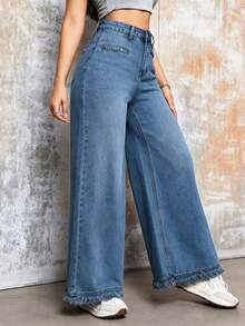 Women's Wide Leg Jeans Solid Color Washed Mid-Stretch Woven Fabric Fringed Hem Casual Fall - Light Wash - View 2