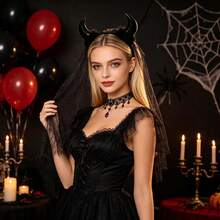 2pcs/Set Halloween Party Black Devil Horn Mesh Headband Dark Lace Veil Headband Gothic Bride Party Cosplay Costume Accessory Stage Performance Headpiece - Multicolor - View 3