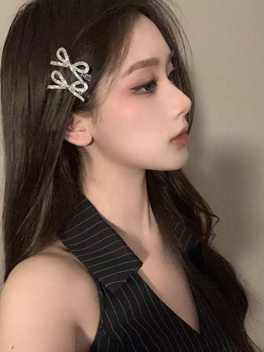 2pcs/Set Women's Fashion Hair Clips: 1pc Metal Crocodile Hair Clip With Rhinestone Decoration, Suitable For Wearing On Forehead Or Side, Applicable For Festivals, Parties, Holidays, Daily Wear And Bohemian Theme Parties, Showcasing Elegant Style, Suitable For Various Hair Accessory Uses Such As Fixing Hairstyles, Slide-In Hair Clips, Hair Clips, Back To School Season Essential - Silver - View 1