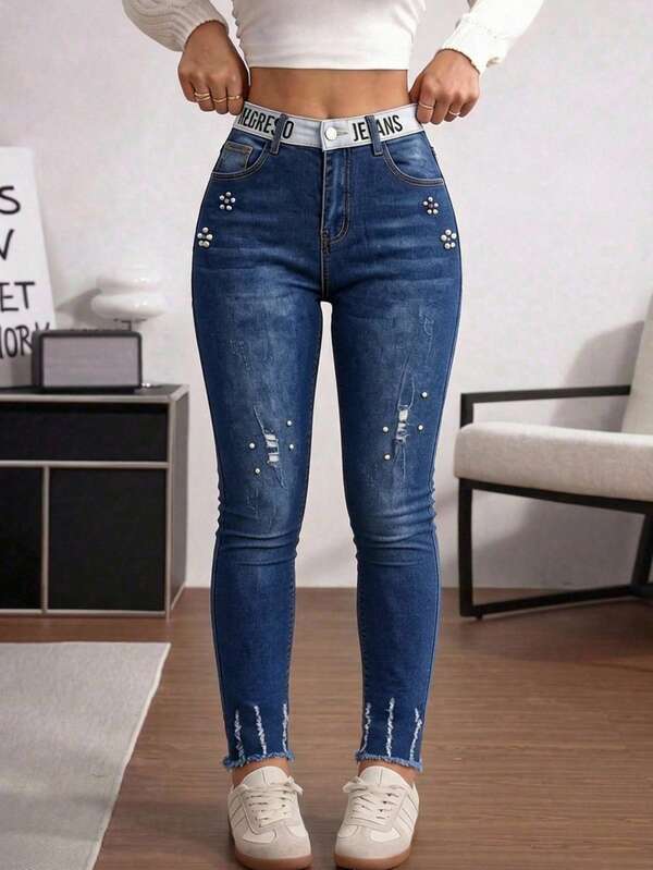 Mezclilla pantalon para mujer,skinny con perlas,hermoso,comodidad,casual.