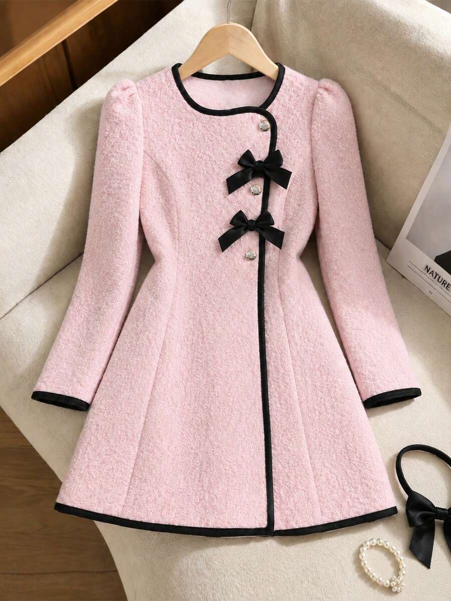 Autumn/Winter Girls' Big Tween Girl Bow Contrast Color Dress With Plush Jacket - Pink - View 1