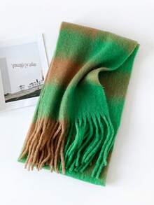 1PcWomen Fuzzy Mohair Texture Plaid Fringe Scarf, Oversized Color Block Check Winter Warm Neck Wrap Shawl - Coffee Green - View 5