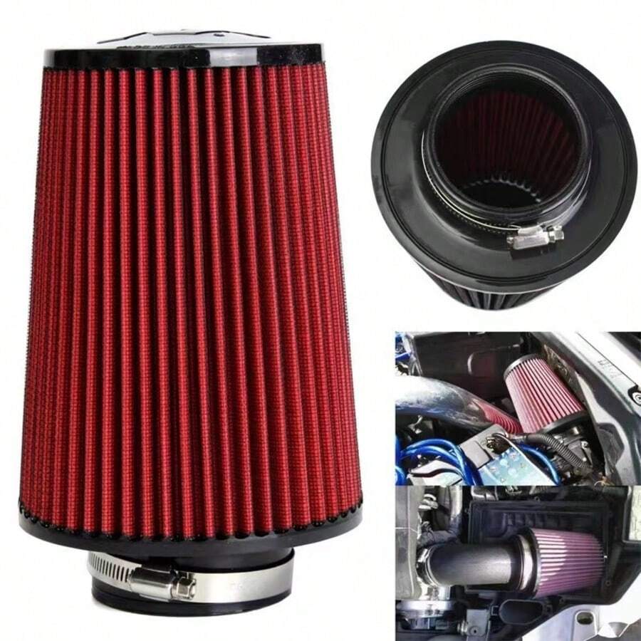 TRTY 1pc Reusable Red High-Flow Air Filter 76mm/2.99in, 101mm/3.97in. Washable Cone Air Intake Element With Rubber Interface Direct Bolt-On Adapter Installation, Fits Racing/Off-Road And Most Vehicles