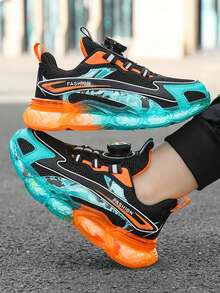 1 Pair Unisex Kids' Dual-Mesh Patchwork Soft Lightweight Rotating Button Colorblock Running Shoes, Breathable Jelly Transparent Sole Gradient Casual Fashion Sports Shoes - Orange - View 4