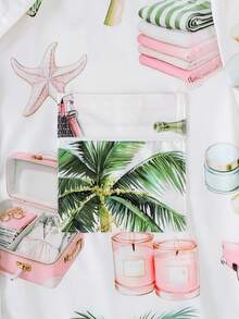 Plus Size 3-Piece Pajama Set For Women, Cool Short Sleeve, Plus Size Sleepwear Set, Plus Size Body, 3-Piece Set, Shorts And Long Pants, Lapel Button Short Sleeve, All Season Wear, Plus Size, Home Wear, Comfortable And Loose, Coconut Tree Tiger Flamingo Vacation Style Print - White - View 5