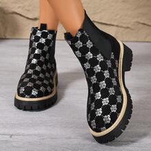 Sepatu Bot Wanita Model Ankle dengan Resleting Samping dan Tali, Sol Tebal, Ujung Bulat, Lubang Tali Logam, Warna Hitam, Sepatu Bot Kerja Motor Musim Gugur/Dingin - Hitam - View 1