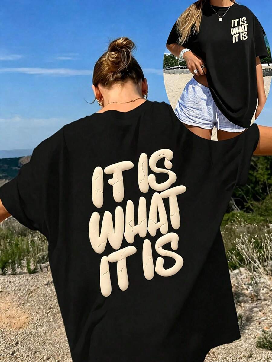 Casual Oversized Round Neck Drop-Shoulder T-Shirt By Mme Xia, Plus Size, Comfortable And Slightly Elastic. - 黑色4 - 查看 1