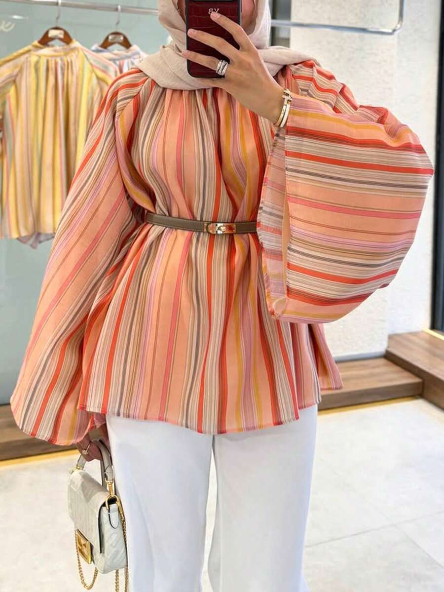 New (No Belt) Women's Striped Colorblock Raglan Top For Beach, Vacation, Daily Wear, All Seasons - Orange - View 1