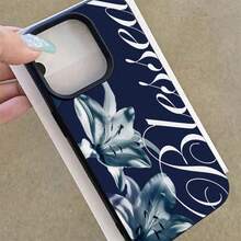 1pc TPU Material Calm Vintage Navy Blue Lily Flower Pattern Phone Case Compatible With IPhone 17 Pro Max/17/16 Pro Max/15/13/12/11/ S20 FE/A15/S24/A55/ Note 11/Note 12/Note 13 Pro Full Coverage Anti-Drop Soft Shell Protective Cover - Black - View 4