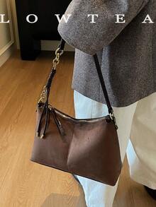 low tea 1pc Minimalist Crescent-Shaped Suede Fabric Shoulder Bag, Suitable For Commuting, Shopping And More - Coffee - View 10