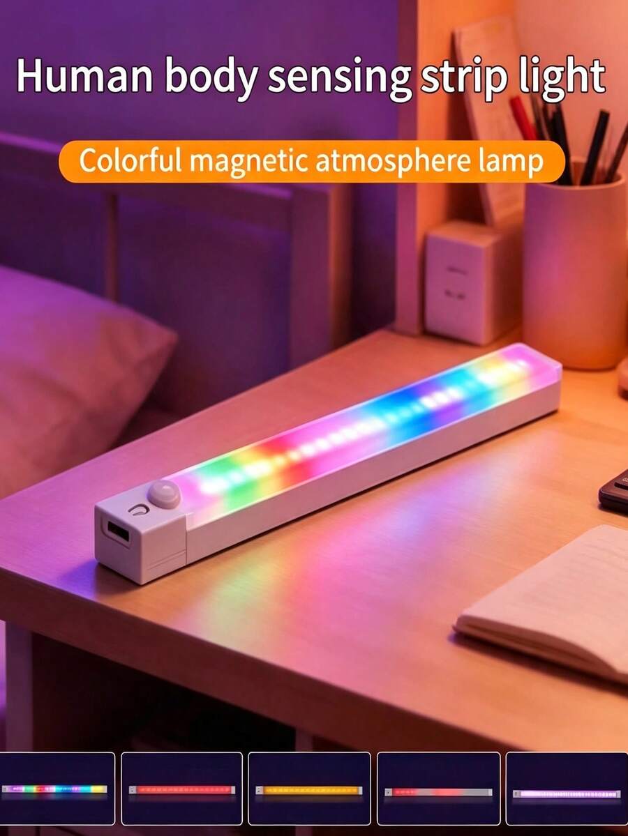 3pcs Human Body Sensing RGB LED Atmosphere Light Bar, Magnetic Rechargeable Color Gradient Light, Multi‑Mode Gaming Desk Closet Cabinet Bedroom Decor Night Light - RGB LED Strip Light - View 1