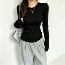 Black Regular Shoulder Round Neck Long Sleeve T-Shirt Women's Autumn Innerwear Outerwear Base Layer Slim Fit Basic Style Fashion Commute Outfit Top - Black - View 5