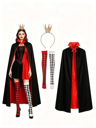 3 pezzi/Set Accessori abbigliamento da donna a tema regina - Include scialle nero & rosso, fascia per capelli a corona & collant, adatto per Ognissanti, cosplay, feste a tema & outfit per la settimana del libro, crea facilmente il tuo look da cosplay