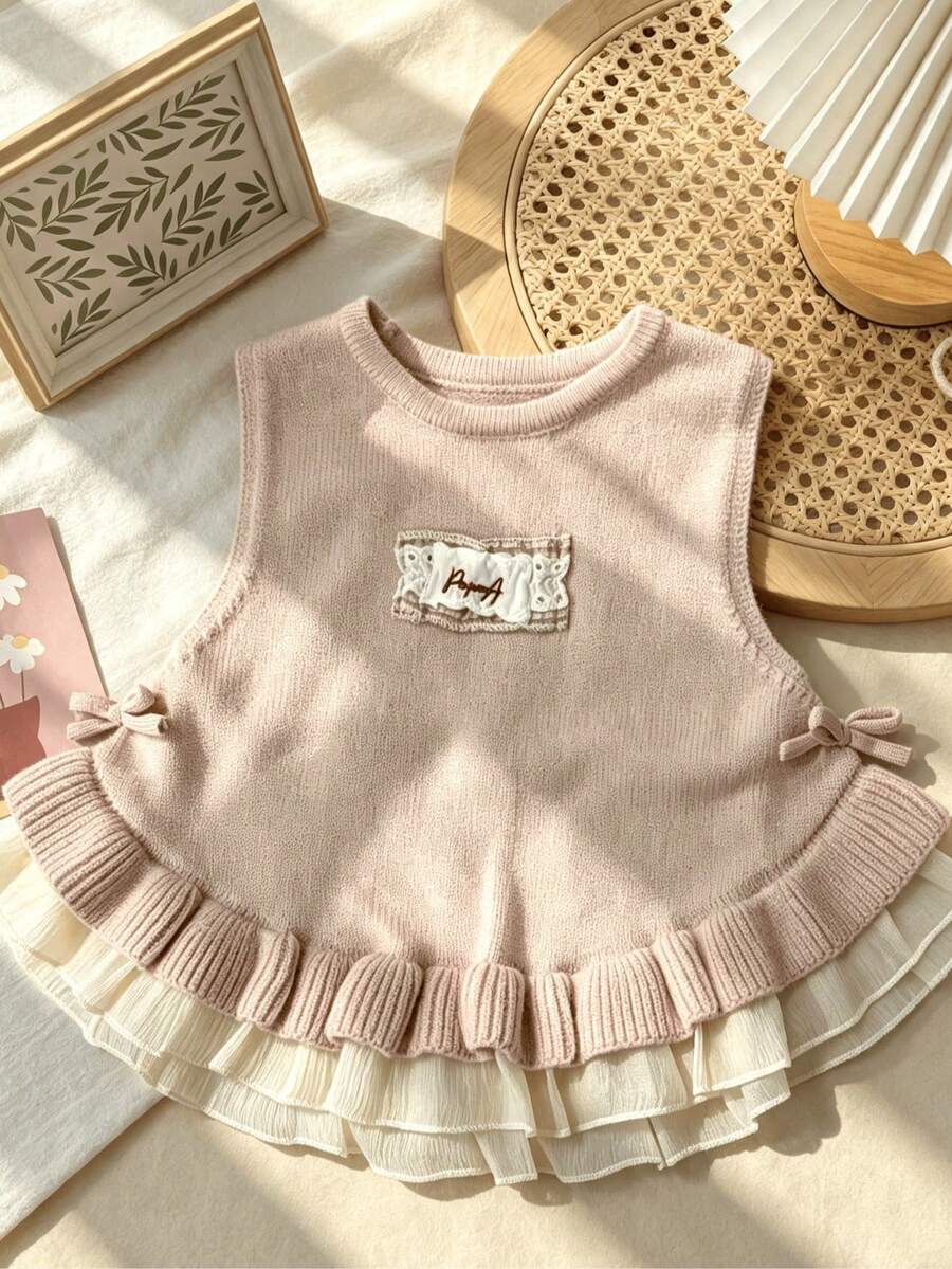 WUHUANG YIYI Flickors stickad väst i mjuk stil med enfärgad mesh, patchworkfåll, sidobåtar, broderad applikation, mångsidig för utflykter, sommar och höst - Babyrosa - Visa 1