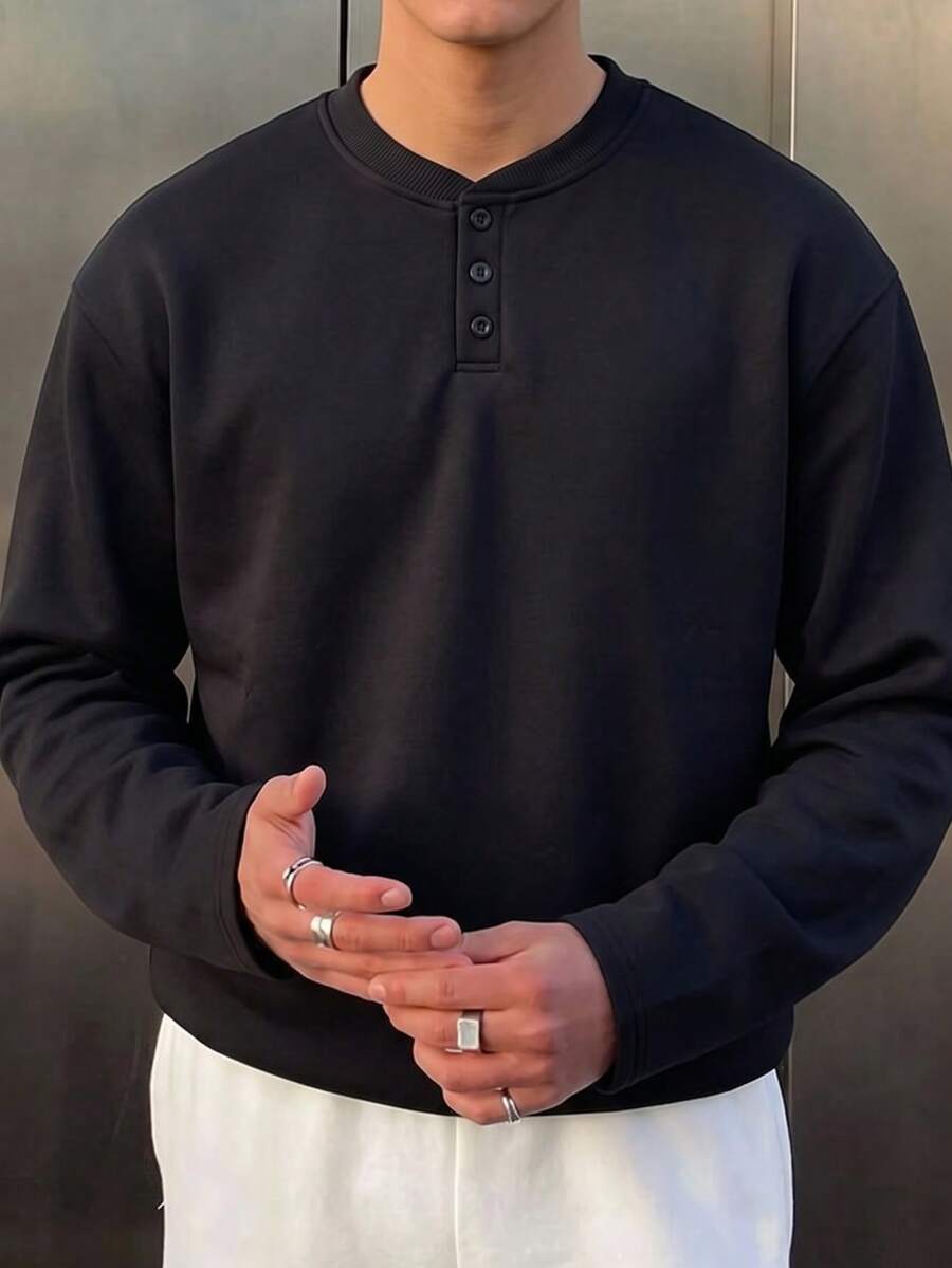 Men's Black Henley Collar Long Sleeve Sweatshirt, Autumn/Winter Button Placket American Casual Basic Daily Pullover Layering Inner Top, Solid Color - Black - View 1