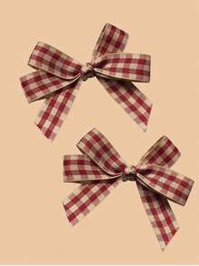 2pcs/4pcs Sweet And Cute Red Plaid Bow Hair Clips - Red - View 6