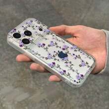 1pc Fashion Creative Full Screen Purple Flower & Leaf Floral Painted Pattern High Transparency Phone Case, Anti-Drop Anti-Scratch Anti-Fingerprint Transparent TPU Soft Shell, Camera Lens Protection Compatible With Apple, Nothing, Pixel, Protective Case - Multicolor - View 2