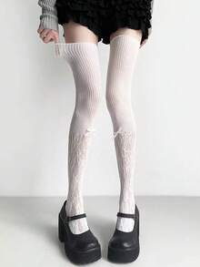 1 Pair Sweet Cool Y2K Hot Girl Style Over-The-Knee Socks, Contrast Lace Bow Long Tube Socks, Sexy Black Sheer Socks - Multicolor - View 10