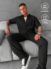 YUNCHIC Summer Ice Silk Textured Black Stand Collar Short Sleeve Set Men's Thin Breathable Casual 2 Pieces Outfit Vacation Commute Drape Long Pants - Black - View 1