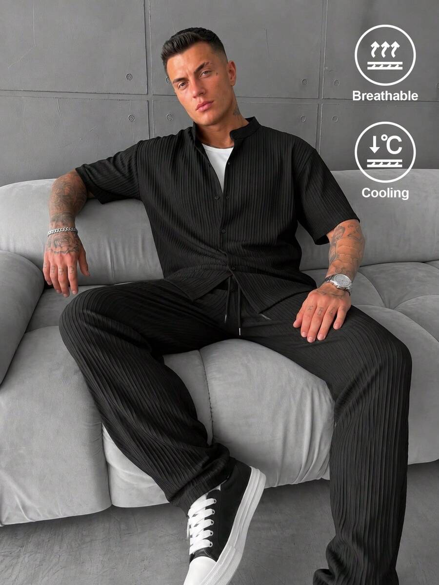 YUNCHIC Summer Ice Silk Textured Black Stand Collar Short Sleeve Set Men's Thin Breathable Casual 2 Pieces Outfit Vacation Commute Drape Long Pants - Black - View 1