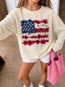 Tween Girl 1pc Flag Print Long Sleeve T-Shirt, Suitable For Tween Girl' Autumn/Winter Top, Young Student Children's Clothing, Suitable For Outerwear And Layering - Apricot - View 2