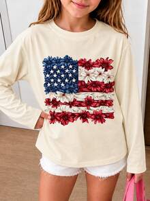 Tween Girl 1pc Flag Print Long Sleeve T-Shirt, Suitable For Tween Girl' Autumn/Winter Top, Young Student Children's Clothing, Suitable For Outerwear And Layering - Apricot - View 4