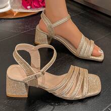 Gold Rhinestone Chunky Heel Sandals Summer Square Toe Single Strap Open Toe High Heels Beach Home - Gold - View 12