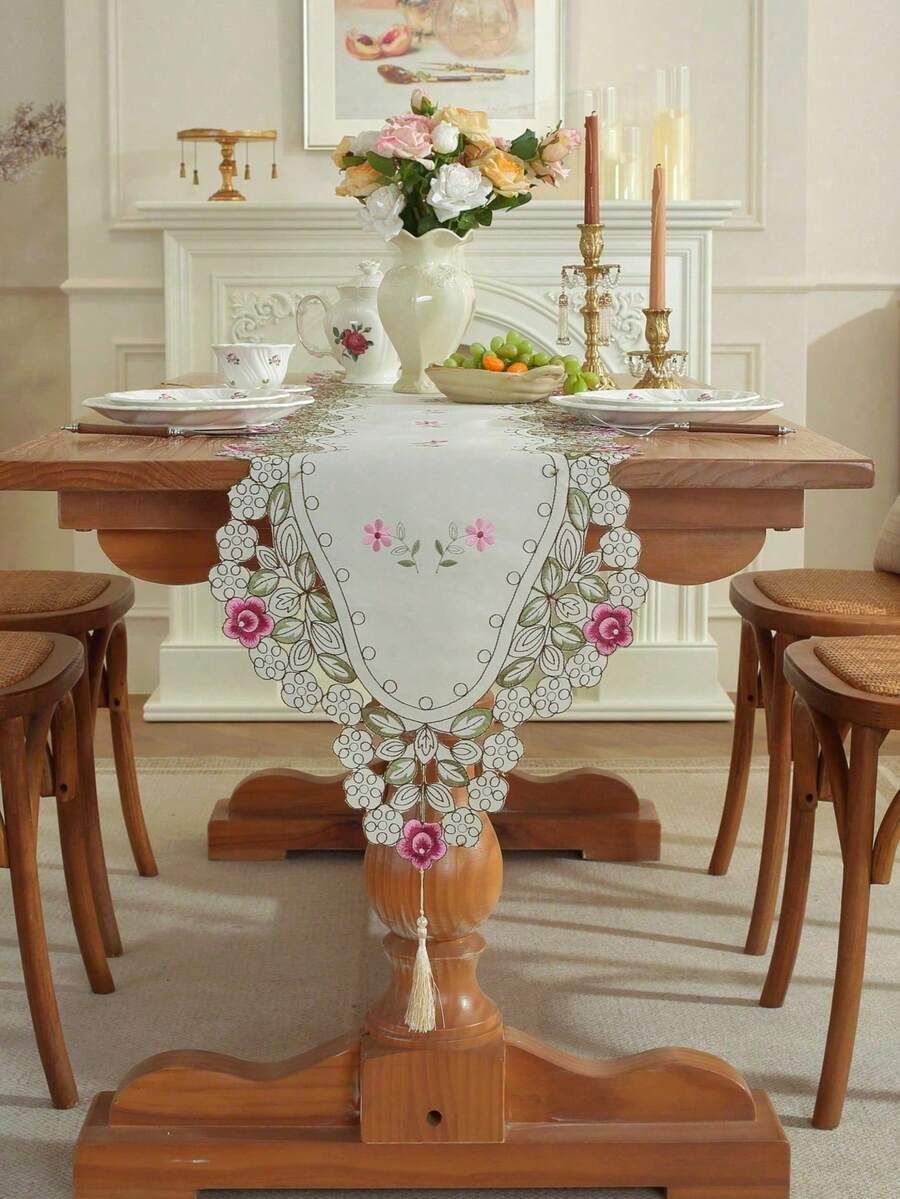 1pc Handmade Embroidered Floral Hollow-Out Satin Fabric Table Runner, Luxury High-End Polyester Fiber Embroidered Table Runner, Suitable For Dining Table, Coffee Table, Sideboard, Shoe Cabinet, Buffet Cabinet, Daily Home Decor And Wedding Party Holiday - Multicolor - View 1