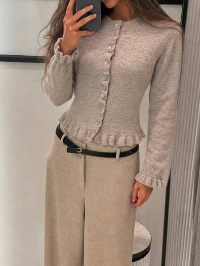 FOR BEAUTY Fall Winter Women Cardigans Y2K Beige Ruffle Trim Hem Crewneck Loose Knit Sweater Cardigan Button Down Tops Aesthetic Streetwear Outfits