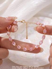 1pc Stainless Steel Women's 7-Color Tennis Bracelet, Multi-Color Gemstone Interspersed Design, Can Be Layered And Combined For Different Styles. Suitable For Graduation Ceremony, Wedding, Prom And Other Occasions - Yellow Gold - View 2