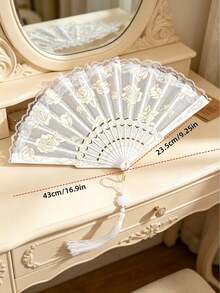 1pc White Lace Floral Folding Fan With Tassel, Vintage Rose Embroidery Hand Fan, Elegant Decorative Handheld Fan For Wedding Photoshoot, Cosplay Party - Multicolor - View 8